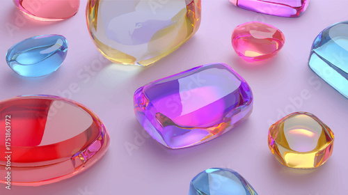 A collection of colorful, translucent gemstones in various shapes and sizes, reflecting light and casting soft shadows on a light background