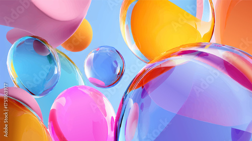 Colorful abstract composition of translucent bubbles and shapes against a blue background