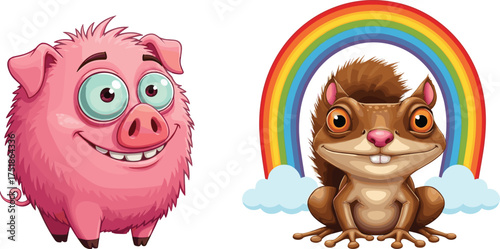 Cartoon pig with teal eyes, smiling squirrel under rainbow, colorful animal characters, whimsical vector, playful scene, children’s illustration, fantasy