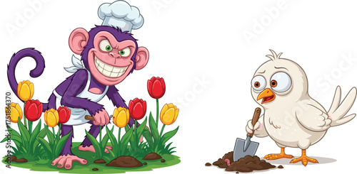 Cartoon monkey gardening with tulips, bird holding trowel, playful animal characters, colorful vector, humorous scene, children’s illustration, white background