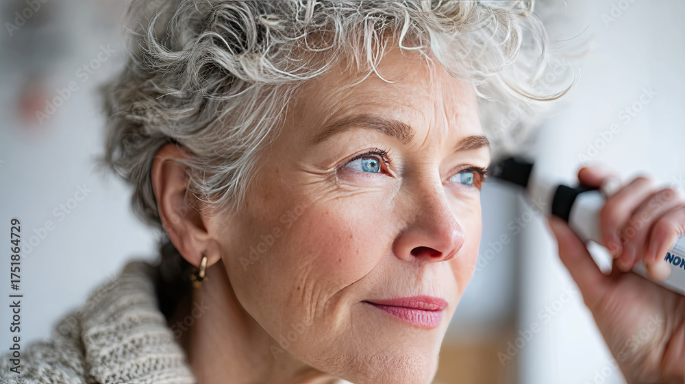 Fototapeta premium Senior woman measuring blood pressure with device, showing focus and care for her health. soft lighting highlights her features and importance of regular health monitoring