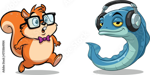 Cartoon squirrel with glasses, eel wearing headphones, anthropomorphic animals, vibrant illustration, playful characters, music theme, expressive faces, fun design