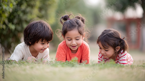 Three preschool children playing on green grass, engaged in joyful activity. Their s show curiosity and happiness as they explore their surroundings together