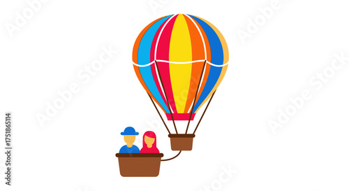 Colorful Hot Air Balloon with Two Passengers in Basket.