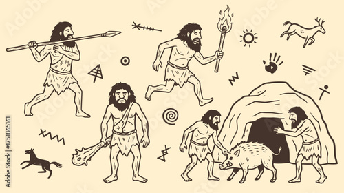 caveman doodle collection, hunting with a spear, holding a torch, with a boar in a cave, prehistoric people illustration