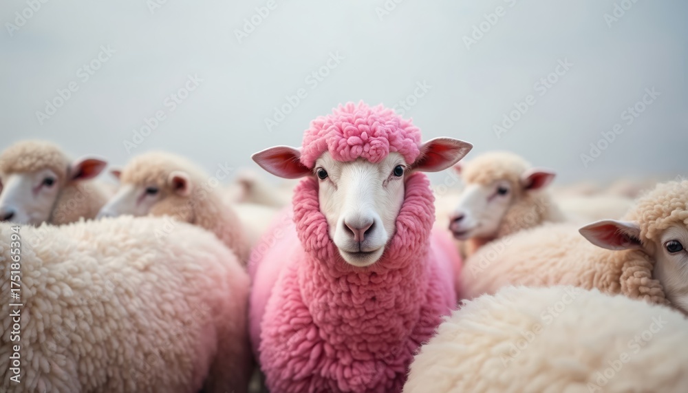 Obraz premium Pink sheep stands out among flock. Animal embraces uniqueness, individuality. Concept for diversity, nonconformity, and creative marketing ideas.