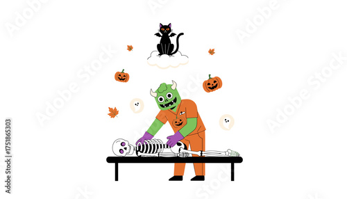Monster character examining a skeleton with Halloween decor Spooky fun festive autumn