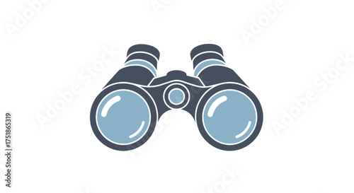 Flat Design Illustration of Dark Binoculars with Light Blue Lenses.