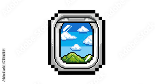 Pixel Art Airplane Window View of Sky Clouds and Green Mountains.