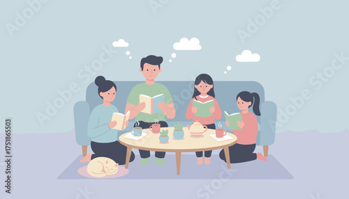 Family reading books together at home fostering knowledge and peaceful bonding time