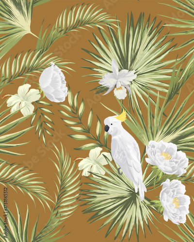 Tropical seamless pattern with bird and exotic flowers. Summer background with hibiscus flowers and palm leaves.	