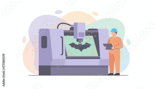 Worker oversees laser cutting a bat shape on a hightech industrial machine modern manufacturing