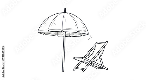 Hand-drawn sketch of a beach umbrella and a folding deck chair.