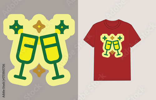 Two yellow champagne glasses clinking with green outlines sparkling stars toast celebration