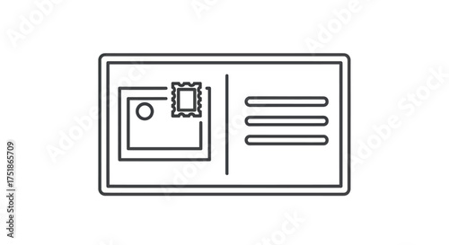 Simple Line Drawing of a Vintage Postcard with Stamp and Lines.