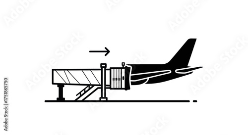 Minimalist line art icon of an airplane connected to a passenger boarding bridge at a terminal gate.