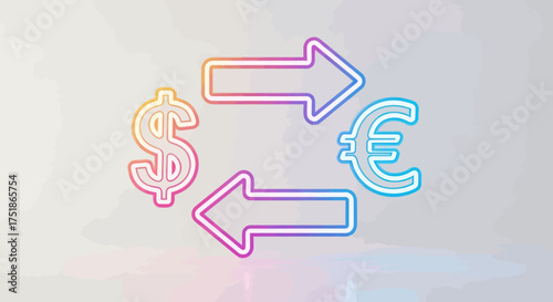 Dollar and Euro Currency Exchange Neon Arrows Symbol.