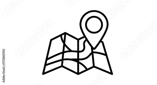 Simple Line Art Icon of a Folded Map with a Location Pin.