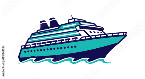 A vibrant stylized illustration of a large cruise ship sailing on blue waves.