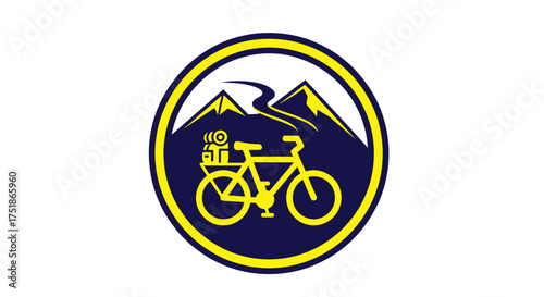 Yellow Bicycle with Backpack and Mountains Emblem.