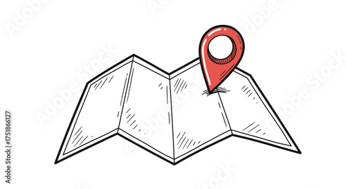 Hand-drawn map with a red location pin marking a spot.
