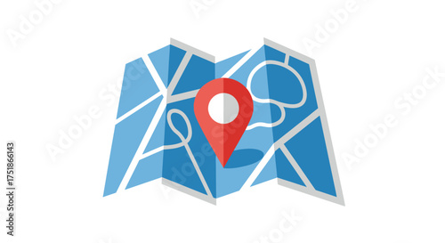 Folded Paper Map with Red Location Pin Icon.