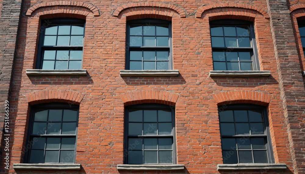 Fototapeta premium Old red brick building facade with multiple windows. Classic architecture shows weathered texture and rustic style. Arched window frames add unique detail to exterior wall.