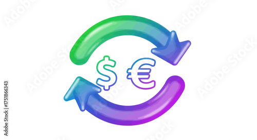 Colorful 3D Arrows Symbolizing Currency Exchange Between Dollar and Euro.