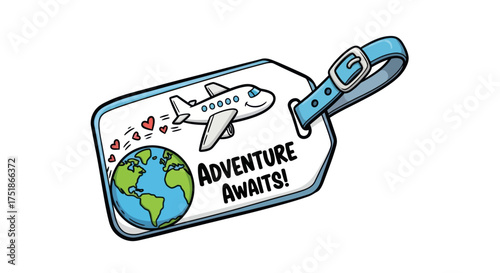 Adventure Awaits Luggage Tag with Airplane and Globe Design for Travel.