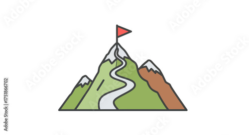 Vector illustration of mountain peak with red flag and winding path to summit symbolizing goal achievement.