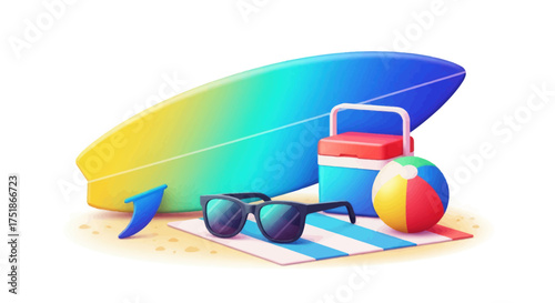 Colorful summer beach accessories illustration with a gradient surfboard sunglasses cooler and ball on a towel.