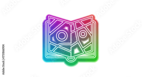 Open map book with colorful neon outline and glowing effect.