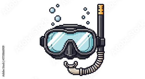 Pixel Art Scuba Diving Mask and Snorkel with Bubbles.