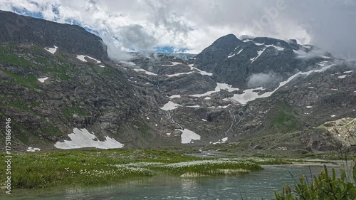 Time lapse, cotton-grass in the mountains near lake. Stein Glacier, Steingletscher, Urner Alps, Susten Pass, Canton of Bern, Switzerland.