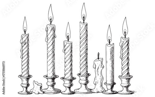 Vintage Hand-drawn Black and White Sketch of Seven Burning Candles with Melting Wax