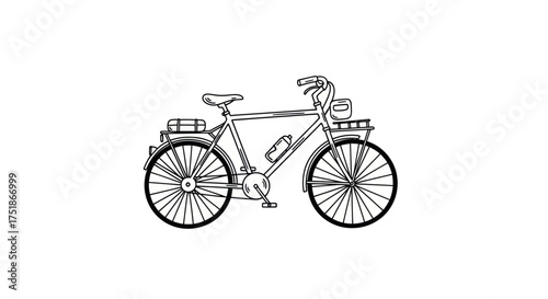 Classic Bicycle Line Art Drawing with Front Basket Water Bottle and Rear Rack.