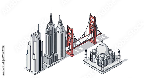 Iconic Global Landmarks: Empire State Golden Gate and Taj Mahal Illustrations.