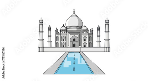 Taj Mahal Illustration with Reflecting Pool Agra India Architectural Landmark.