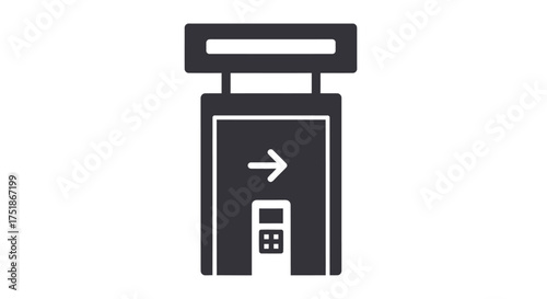 Stylized Icon of a Building Entrance with Directional Arrow and Small Structure.