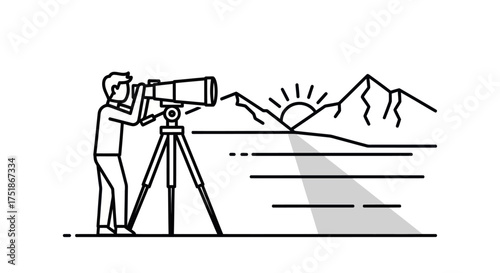 Person observing mountains with a telescope at sunrise.