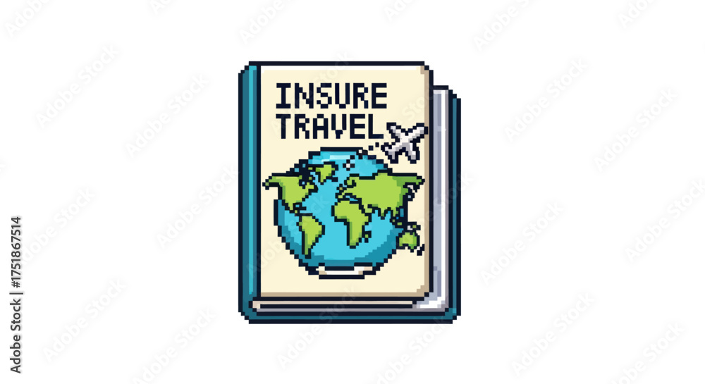 Fototapeta premium Pixel Art Insure Travel Book with Globe and Airplane Icon.
