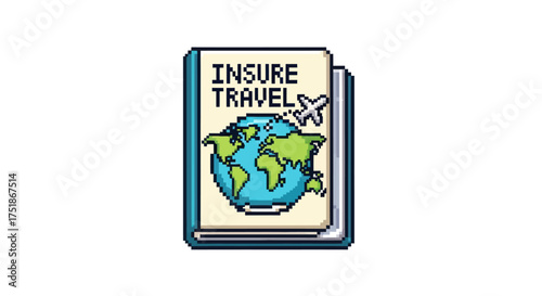 Pixel Art Insure Travel Book with Globe and Airplane Icon.