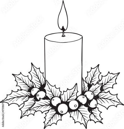 A festive illustration of a single candle with glowing flame rests on top of seasonal holly with round berries, an epitome of holiday cheer.