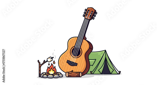 Cartoon Acoustic Guitar Leaning Near Campfire and Tent.