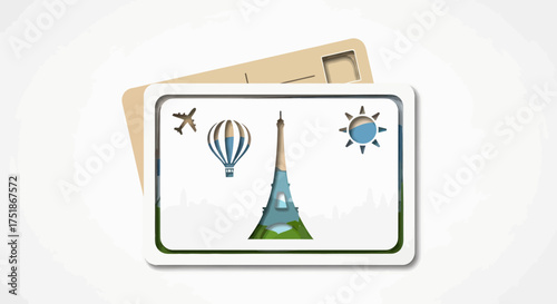 A stylized travel postcard featuring the Eiffel Tower hot air balloon and airplane icons.