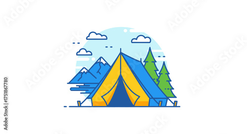 Vibrant Blue and Yellow Camping Tent Amidst Mountainous Landscape and Pine Trees.