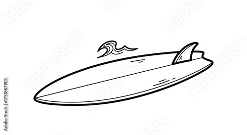 Black and white hand-drawn surfboard illustration with a small wave.