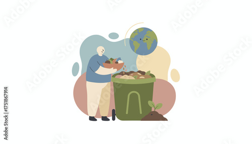Person composting organic food waste promoting sustainability and a greener planet