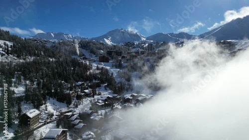 Aerial view of Skiing area of Paradiski, La Plagne, France Alpes
