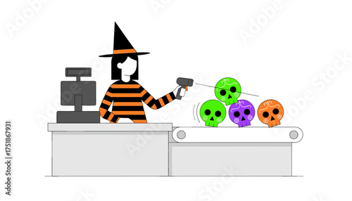 Witch scans colorful sugar skulls on a conveyor belt at checkout Halloween retail concept